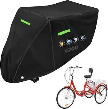 Adult Tricycle Cover, 420D Oxford Electric Tricycle Covers for Outdoor Storage, Waterproof & Dustproof 3-Wheel Bicycle Cover, Recumbent Trike Covers, Black, 75"L x 30"W x 44"H