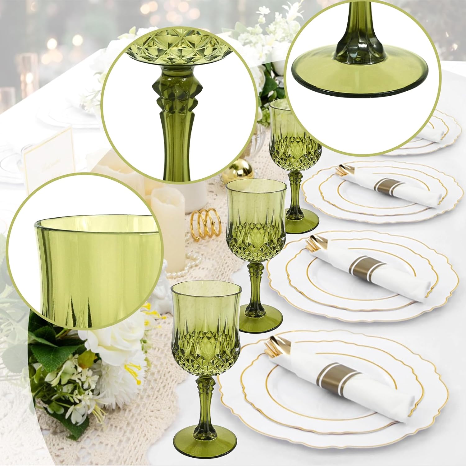 48 Pack Emerald Green Plastic Wine Glasses Vintage Style Reusable Plastic Cups Suitable for Weddings Banquets Parties Birthdays - Image 3