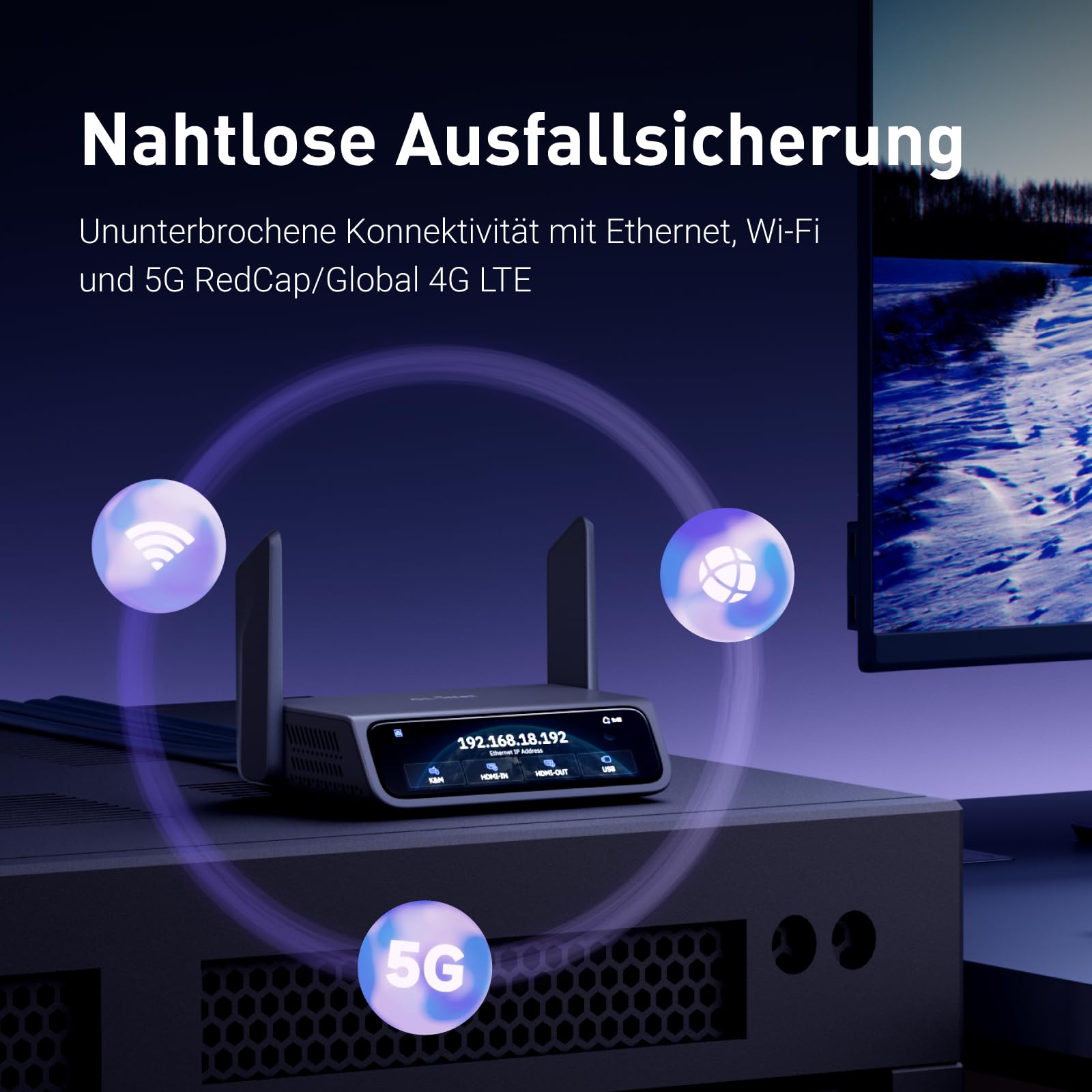 GL.iNet Comet 5G Redcap GL-RM10RC Remote KVM 4K HDMI Touchscreen Wi-Fi 6 | 5G RedCap Multi-WAN Failover Remote-KVM, 3,69-Zoll-Touchscreen, 64GB eMMC-OS-Speicher, H.264 4K mit geringer Latenz