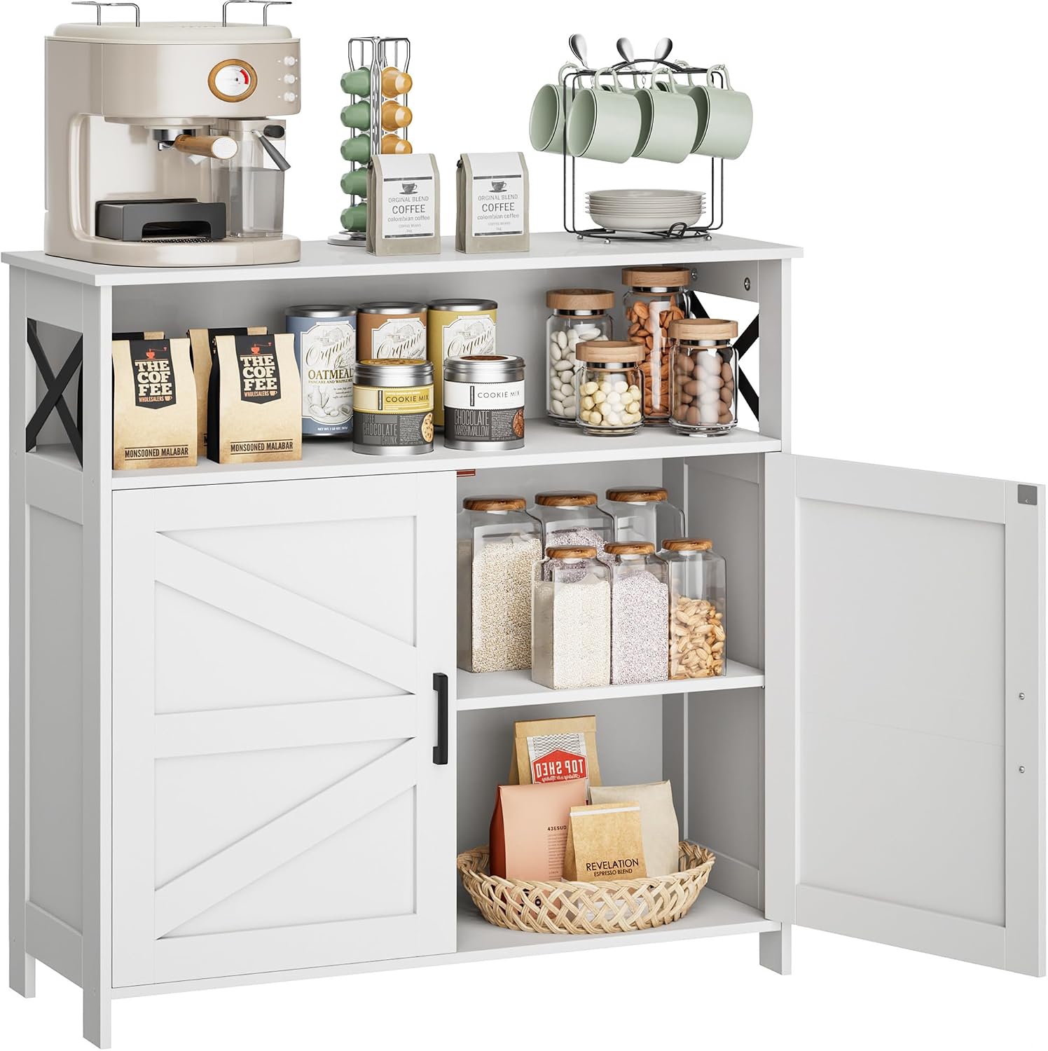 Homhedy Coffee Bar Cabinet, Buffet Cabinet with Adjustable Shelf, Farmhouse Sideboard Storage Cabinet for Kitchen, Living, Dining Room, Entryway, 11.8" D x 31.5" W x 31.5" H, White