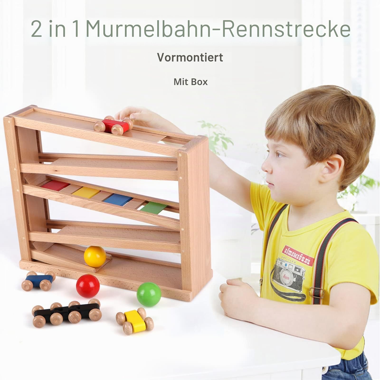 Jacootoys Holz-Rennbahn, Autorennbahn-Spielzeug, 5Ebenen mit 4Autos 3Bällen
