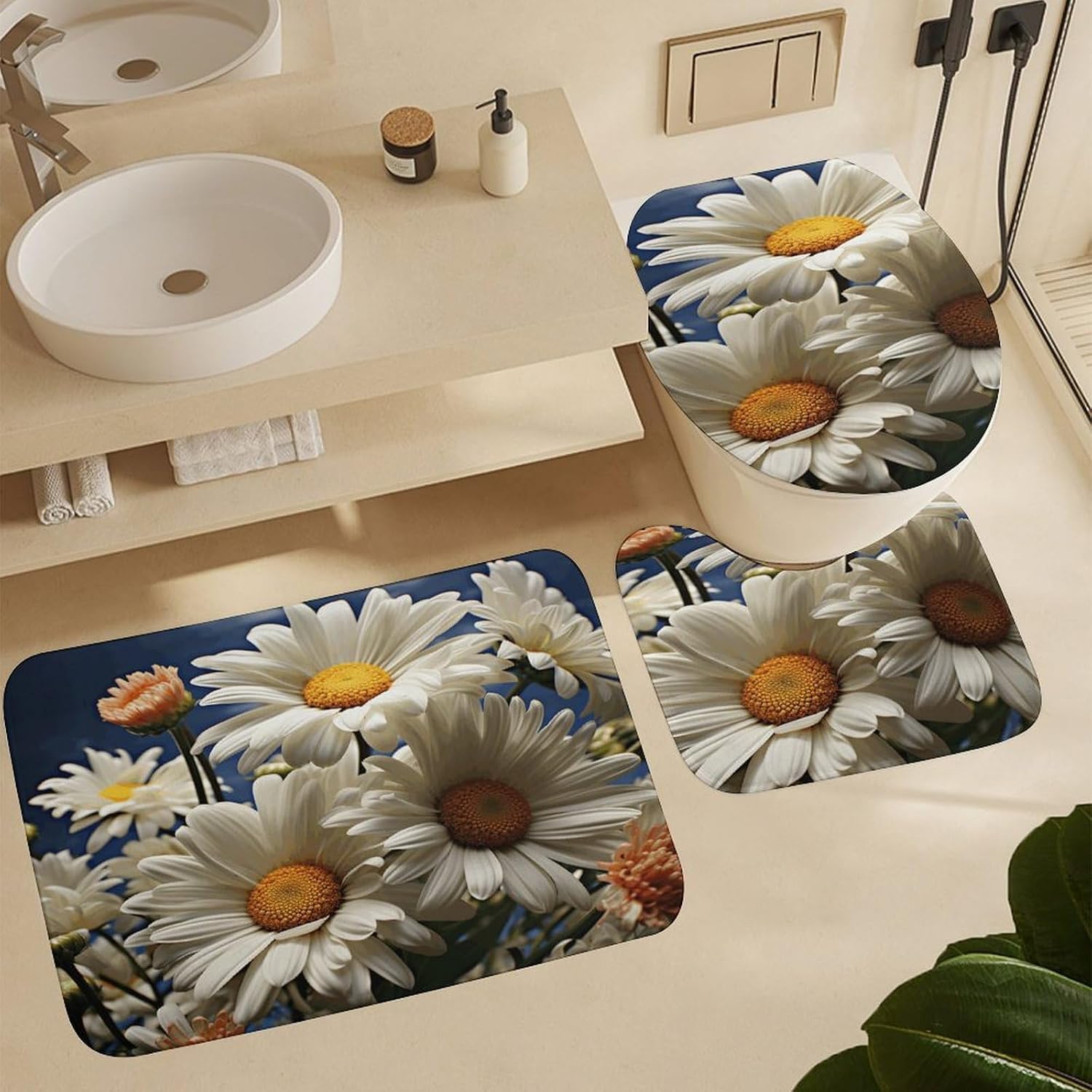 Floral Daisy 4Pcs Shower Curtain Set with Non-Slip Rugs, Toilet Lid Cover and Bath Mat,Bathroom Set Decor Accessories,Curtain Set with 12 Hooks, 72 X 72 Inch