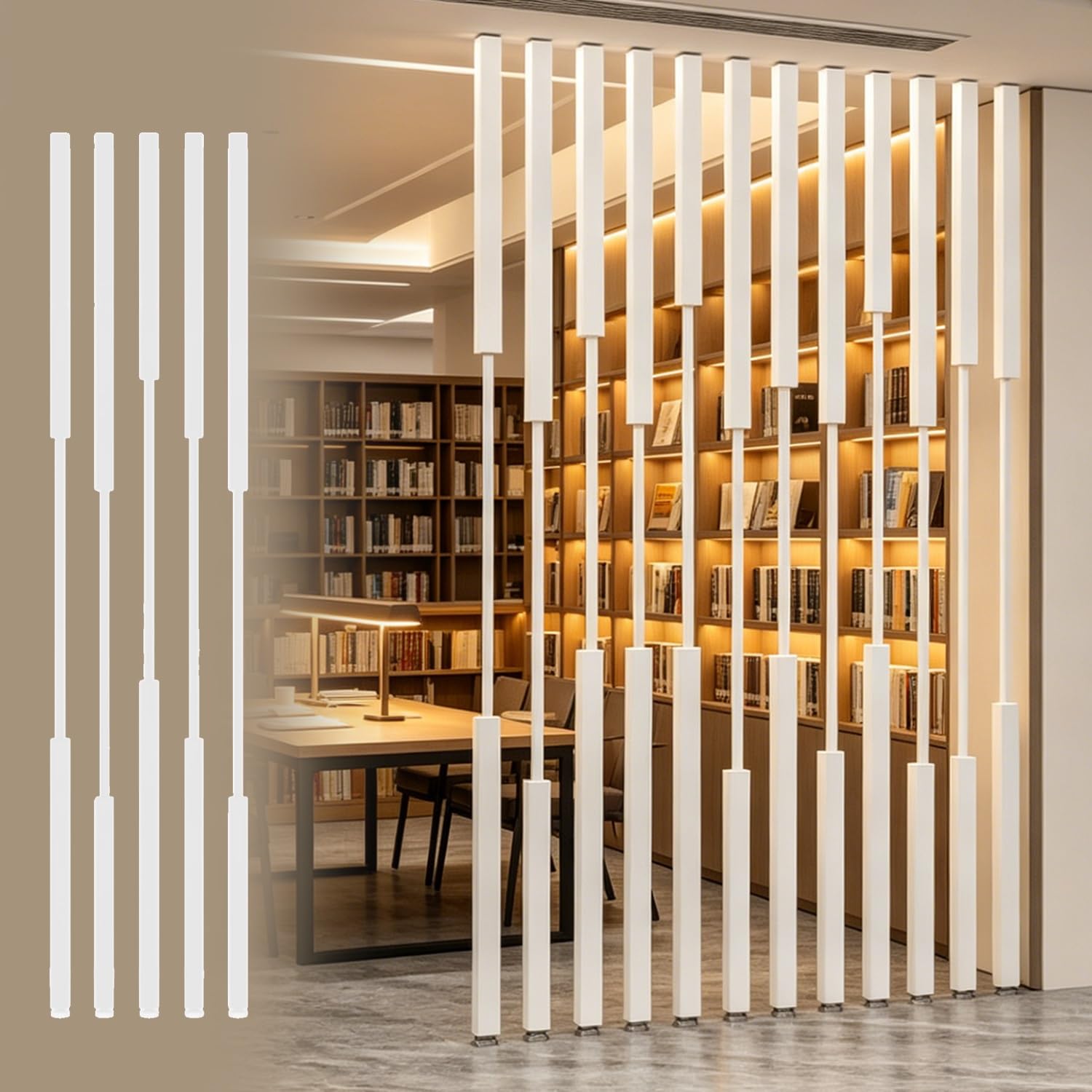Room Divider Floor to Ceiling Room Divider Post Decor, White Square Living Room Wall Partition Design, Separator Standing Pole with Adjustable Height Base(5pcs Height,155cm/61in)