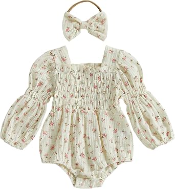 Kavousa Smocked Baby Girl Clothes Newborn Girl Bubble Romper Long Sleeve Jumpsuit And Headband Outfit Cute Infant Clothing