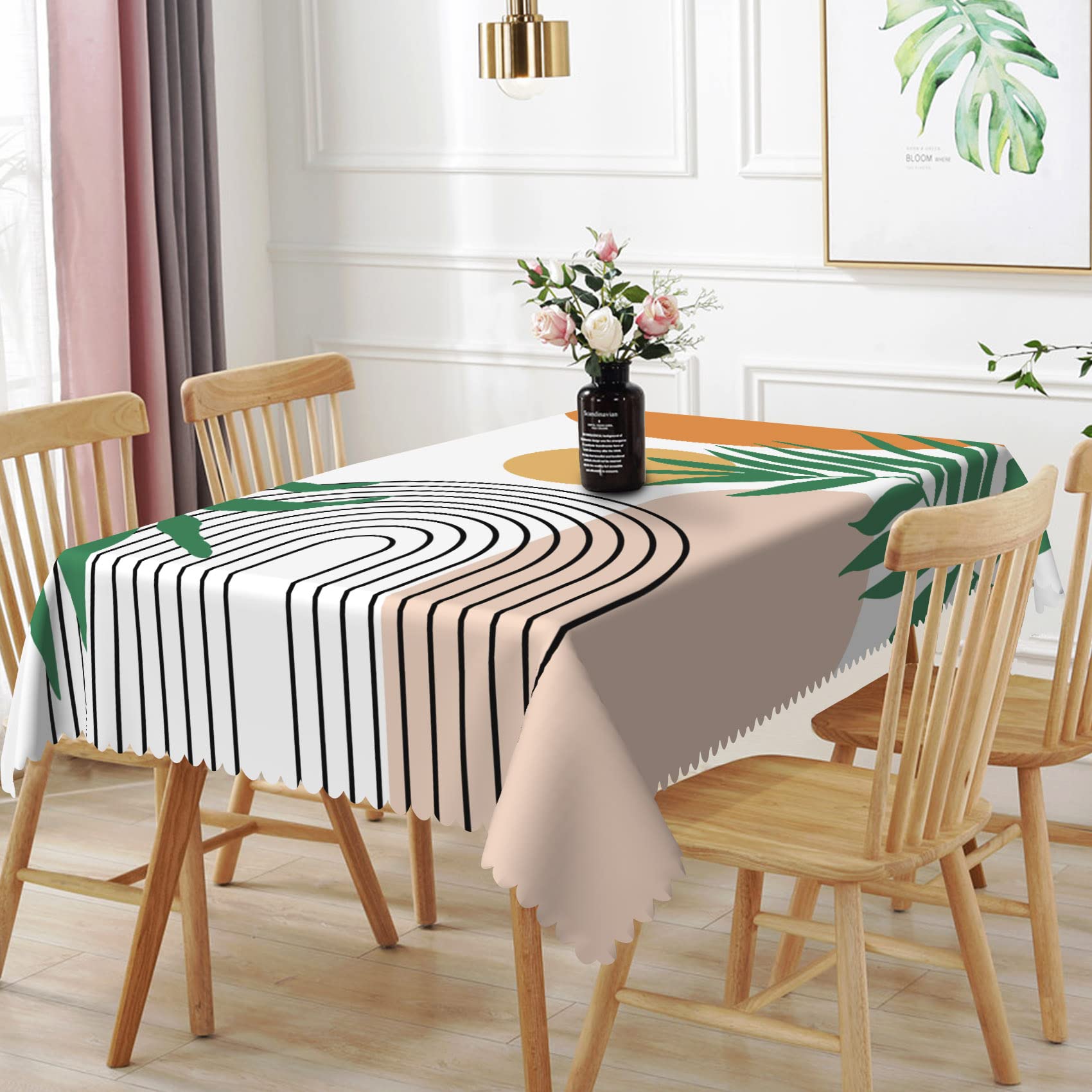 TTQYFNM 60x84inches Mid Century Modern Art Table Cloth Abstract Geometric Boho Rainbow Sun Green Leaves Tablecloths Waterproof and Wrinkle Free Table