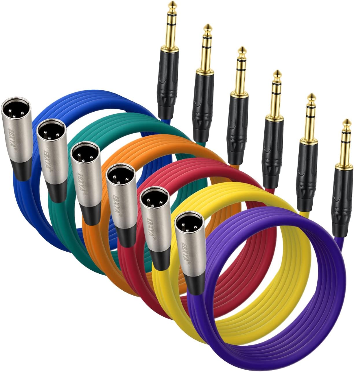 EBXYA TRS 1/4 to XLR Male (XLR Male to TRS Male) 3ft,Balanced 1/4 Inch TRS to XLR Male Braid Jacket Mic Microphone Cable 6 Packs 6 Colors