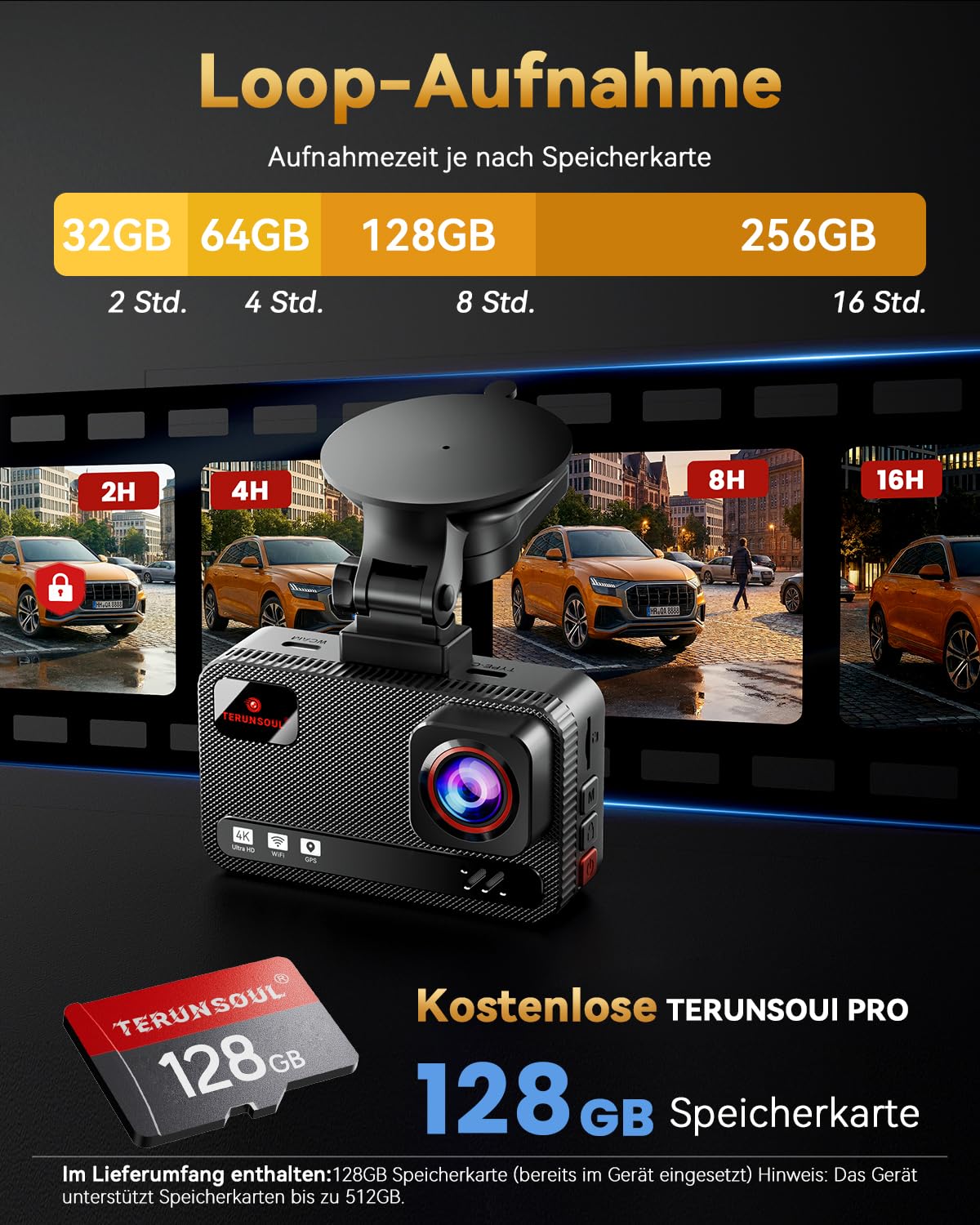 Dashcam Auto 4K+4K,Dashcam Auto Vorne Hinten mit 128GB-Karte, 5.8GHz-WiFi, 3" IPS Dashcam mit Parküberwachung, Loop-Aufnahme, 170°Weitwinkel, Unterstützt 512GB Max