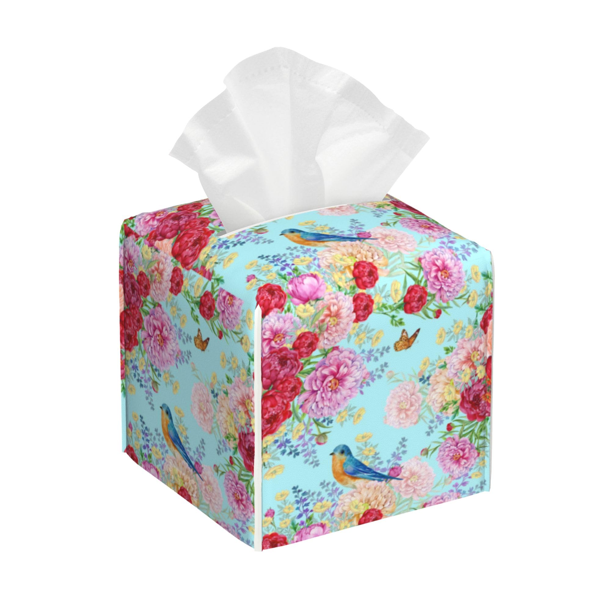 Butterfly Square Tissue Box Cover Blue Bird and Peony Flower Tissue Box Holder Facial Cube Paper Dispenser Leather Decorative Organizer Home Office Desk Decor 5.2"x5.2"x5.2"