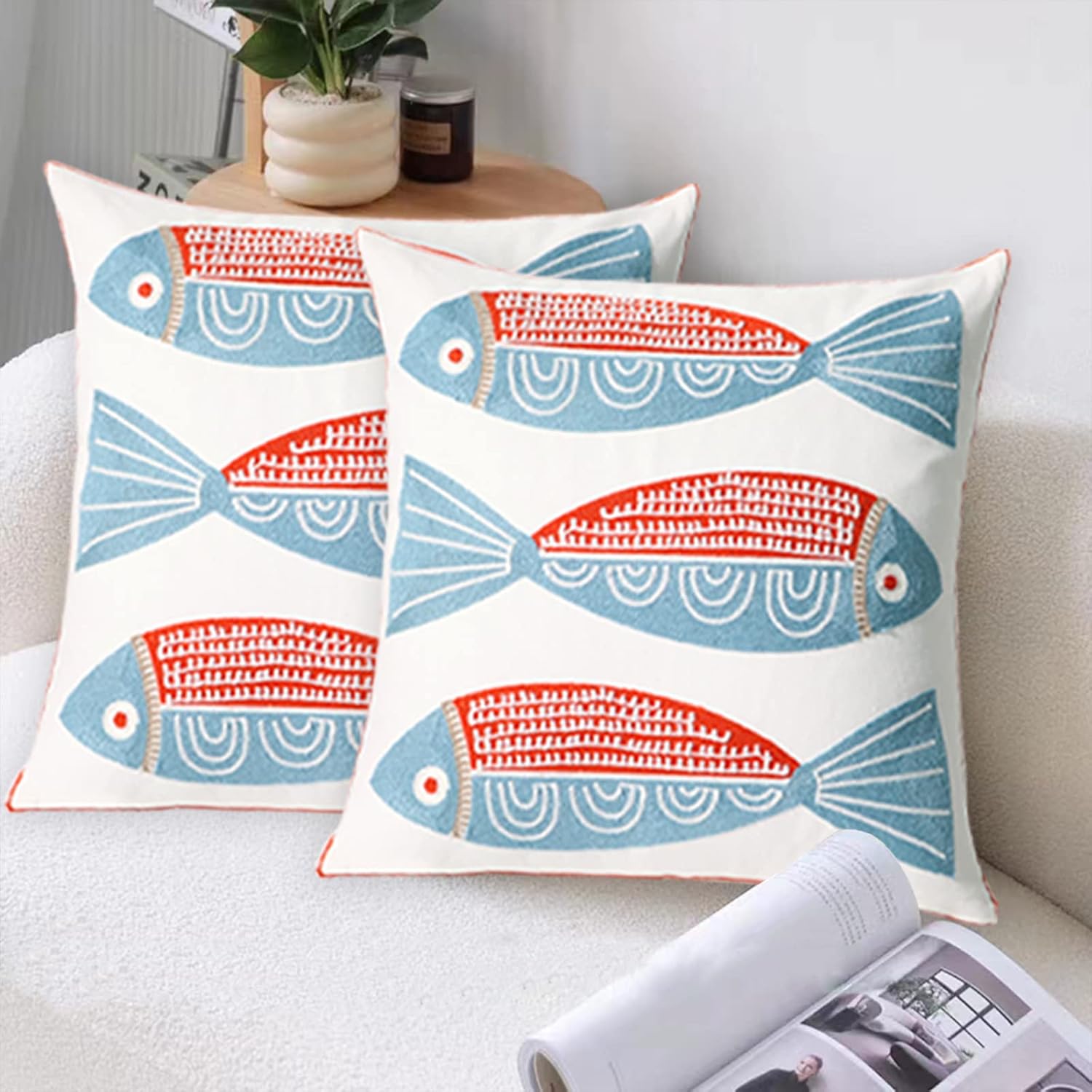 2 PCS Embroidered Throw Pillow Cover Cotton Decorative Square Cushion Cases for Home Sofa Bed and Chair 18 x 18 Inch (Red Fish-2)