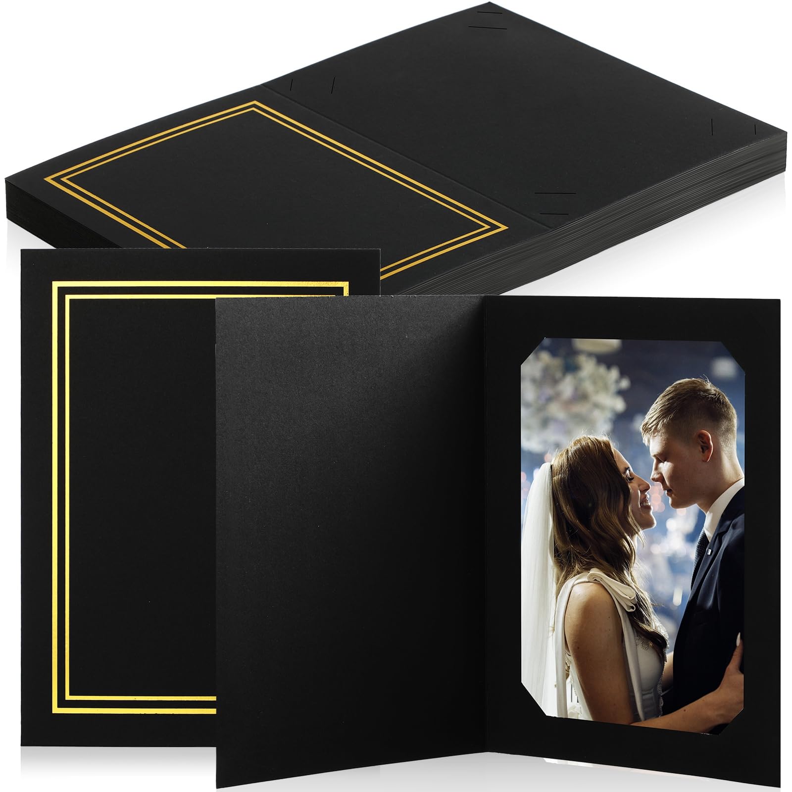 Fainne 50 Pcs Photo Folders for 4x6 or 5x7 Pictures Photo Frame Note Cards Paper Greetings Cardboard Picture Frame Photo Inserts Cards Picture for Portraits Graduation Wedding (Black, Gold Lining)