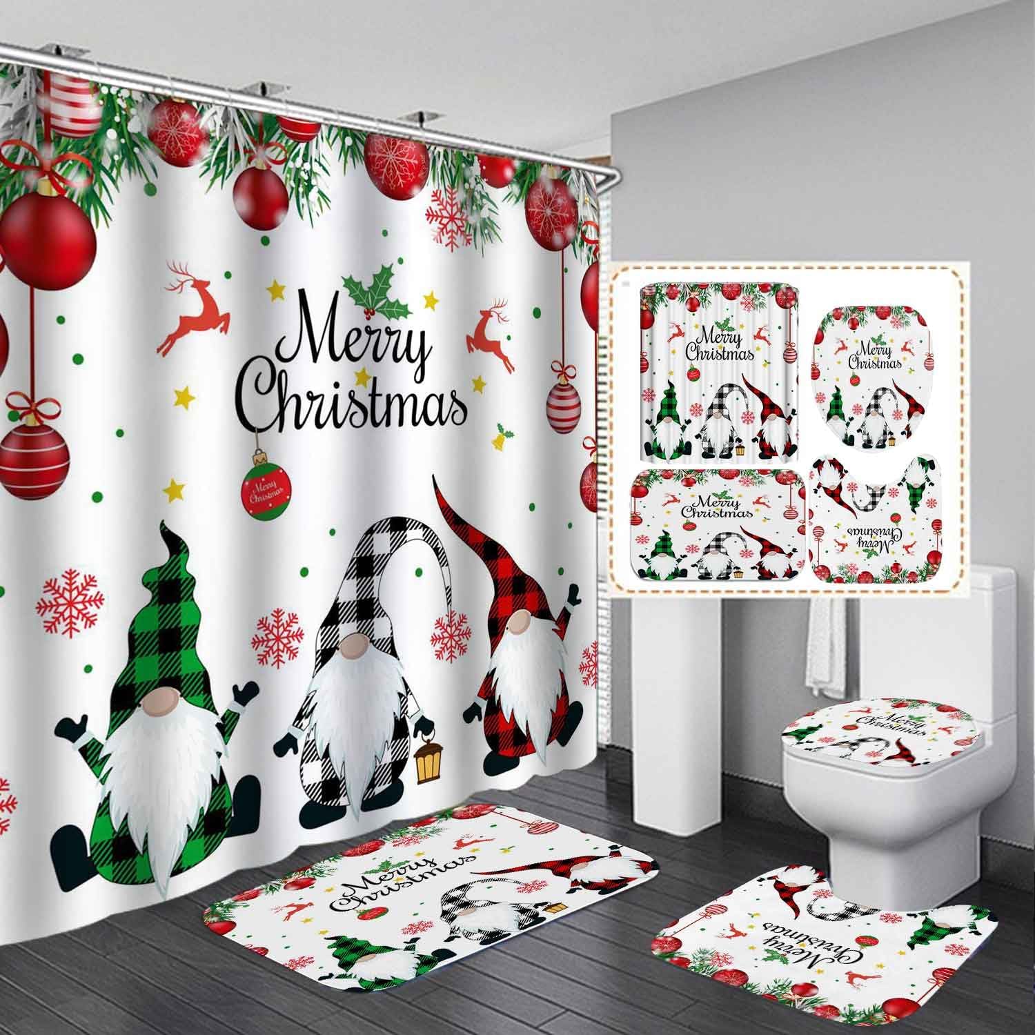 4PCS Funny Gnomes Christmas Shower Curtain Sets with Rugs, Waterproof White Fabric Shower Curtain, Christmas Tree Red Xmas Ball Winter Snowflake Reindeer Holly Holiday New Year Bathroom Decor