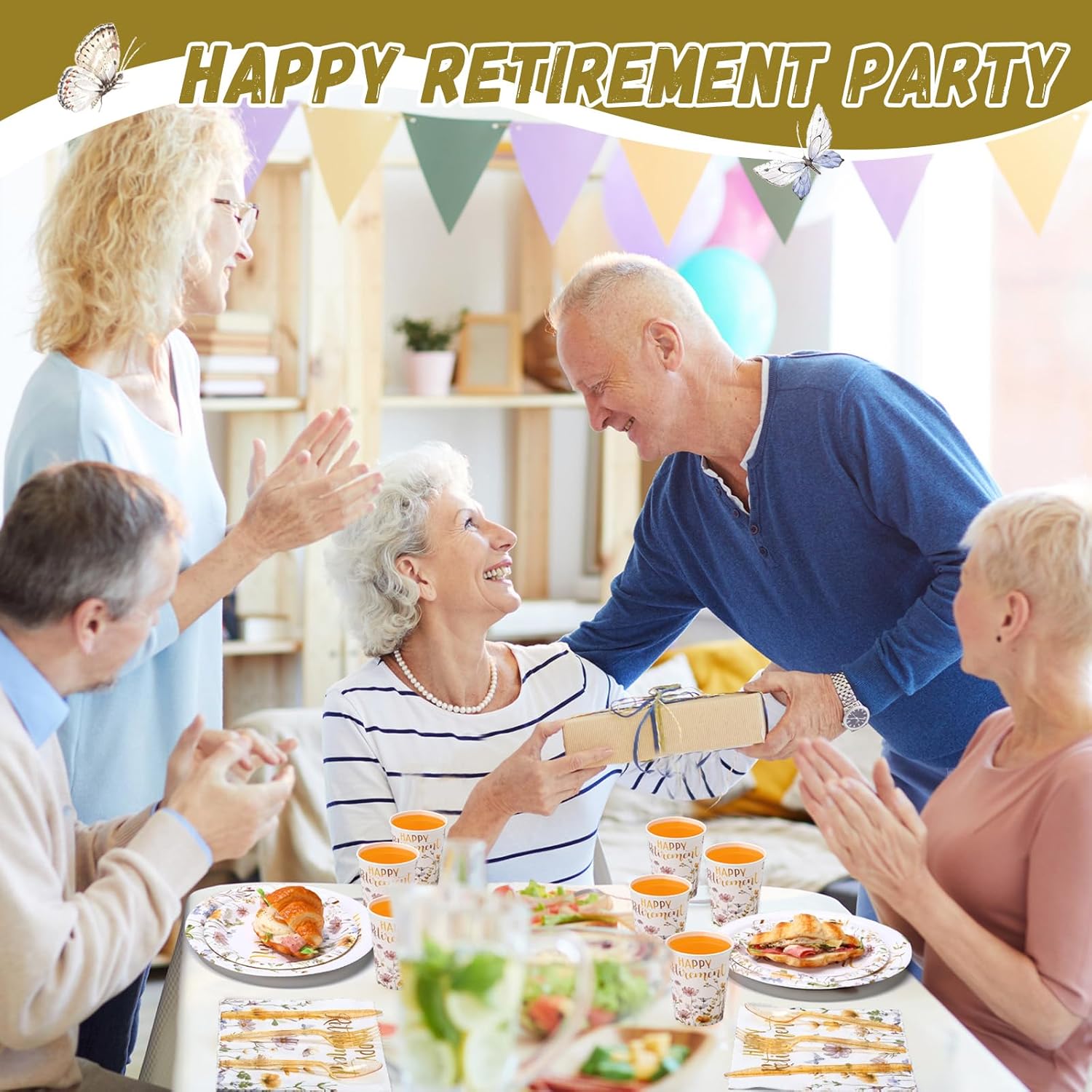 400 Pcs Happy Retirement Party Supplies Wildflower Themed Retirement Disposable Paper Plates Napkins and Cups for The Aged Women Say Goodbye Decorations