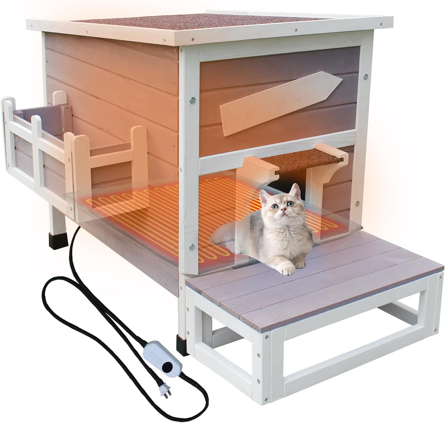 Rockever Heated Cat House for Outside Cats in Winter, Large Heated Cat Houses with Heating Pad, Wooden Outside Cat Shelter Weatherproof with Escape Door 1 story-with Heating Mat