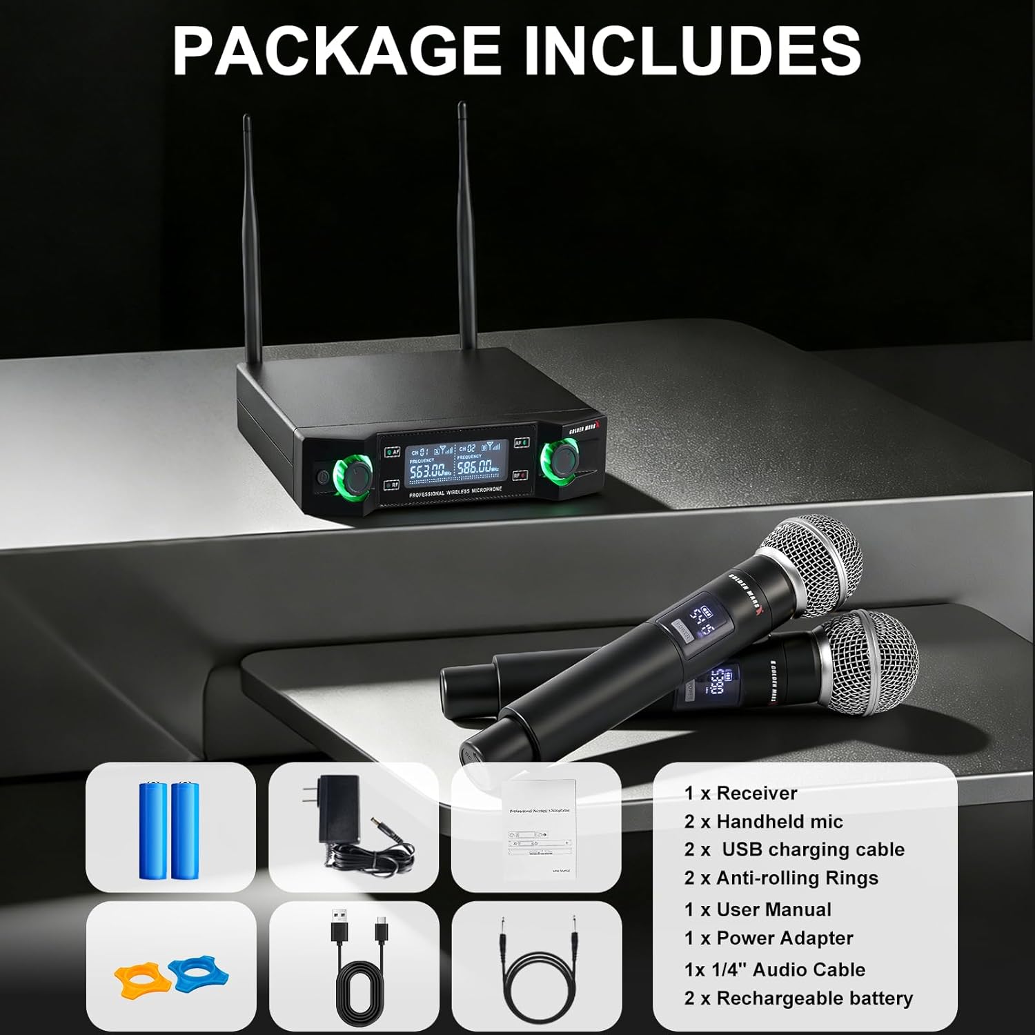 Wireless Microphone System, Upgraded 2.4GHz Rechargeable Professional AI Automatic Channel Connection Wireless Mics Set with 300ft Receiving Distance for Singing Karaoke DJ Church