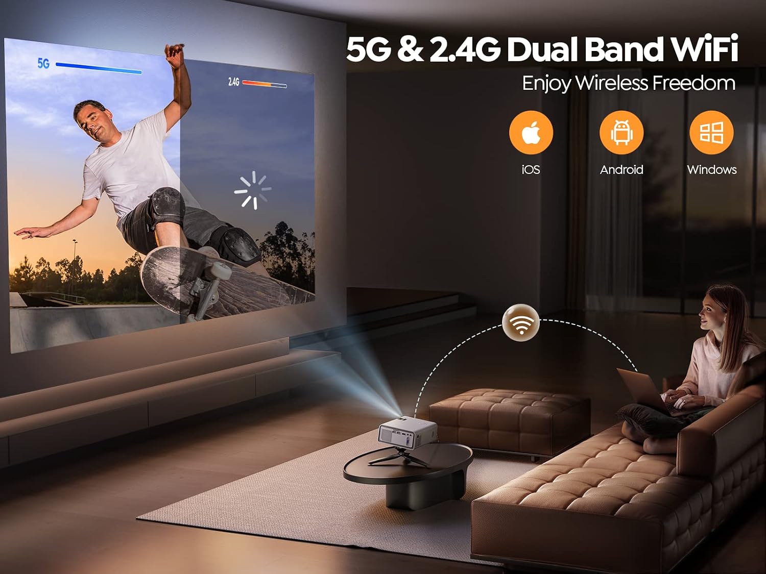 YABER U5 Mini Projector with 5G WiFi and Bluetooth 5.1, 2023 Upgraded 1080P 4K Support Video Projector, Mini Portable Outdoor Projector with Tripod & Carrying Bag, for Phone/HDMI/VGA/TV Stick