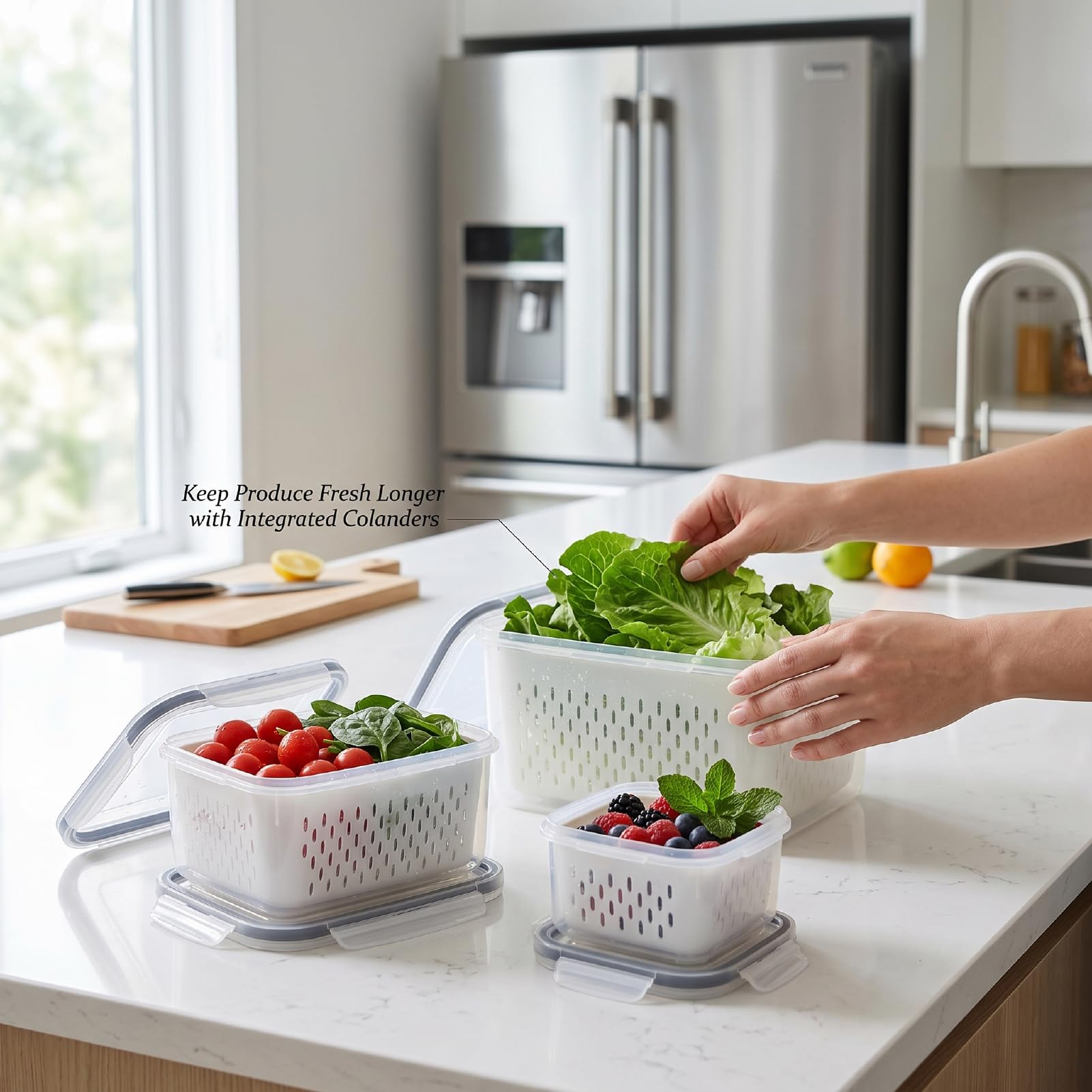 Yosoo Health Gear Contenitori Ermetici per Alimenti, Contenitori per Prodotti in Plastica da 4 Pezzi con Scolapasta Rimovibili, 3,15 L 1,7 L 0,8 L 0,38 L per gli Avanzi di Preparazione dei Pasti in