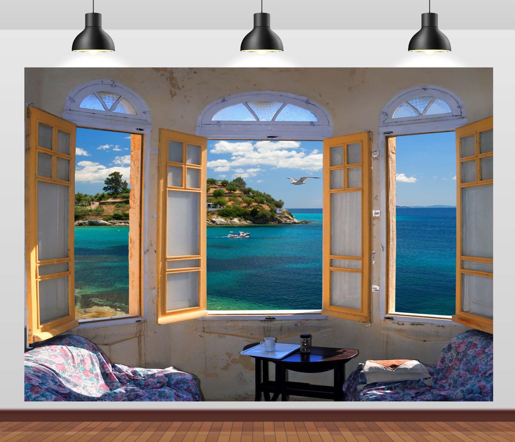 Tessuto 5,2x3m (17x10FT) Stanza con Vista Mare Sfondo Finestre Aperte Interno Costiero Scenario Fotografico per Estate Matrimonio Ritratto Adulti