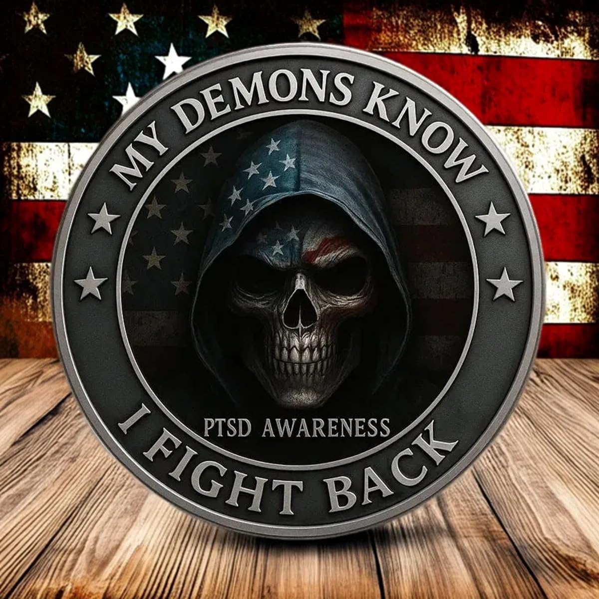 PTSD Awareness Veterans Challenge Coin, My Demons Know I Fight Back Challenge Coin, PTSD Courage Support Commemorative Coins for Veterans, Gifts for Veteran (1PC)
