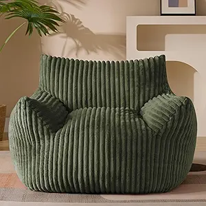 Giant Plush Bean Bag Chair for Adults with Armrests - Oversized Comfy Green Beanbag Lounge Lazy Floor Sofa Accent Chair for Living Room, Bedroom & Dorm, Cozy Fluffy Single Cloud Mini Couch
