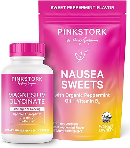 Pink Stork Paquete de alivio del estado de ánimo y el estómago glicinato de magnesio y dulces de menta orgánicos para náuseas matutinas y mareos por