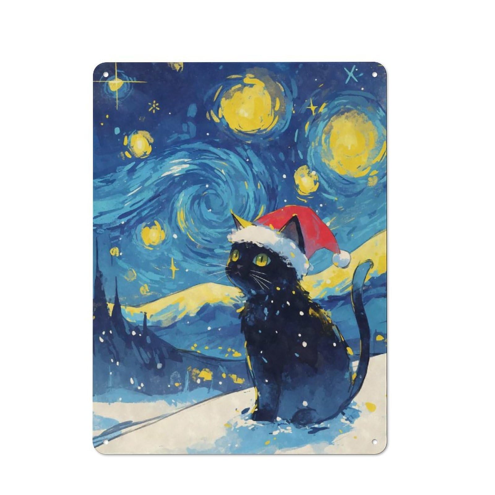 Junmoney Christmas Black Cat Santa Hat 40X30cm Rustic Metal Sign With For Hobby Room Or Studio, Metal Sign Decor For Hobby Rooms And Studios