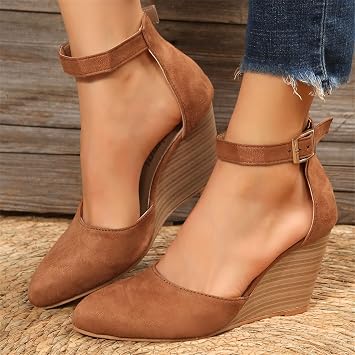 Womens Closed Toe Wedge Sandals, Comfortable Pointed Toe Buckle Ankle Strap Wedges Heels Pumps Cork Casual & Dressy Summer Shoes A-Brown, 7