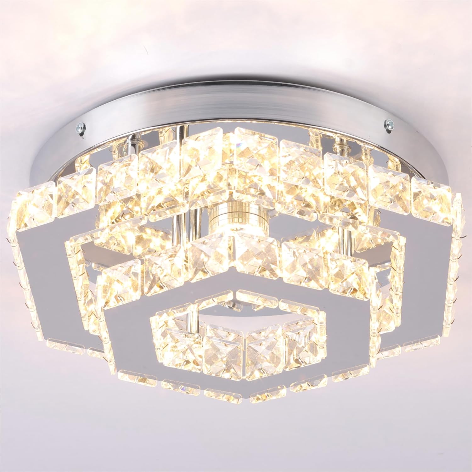Modern Chandelier Crystal Flush Mount Ceiling Light LED Pendant Lamp Dimmable Chandelier for Dining Room Living Room Bedroom Kitchen Hallway(Remote Control)