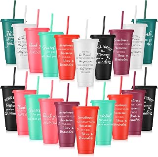 Zhehao 20Pcs Employee Appreciation Gifts 24 Oz Thank You Cup, Bright Colors | Plastic Coffee Cups with Straws and Lids, Team Tumblers Bulk Gifts for Staff Coworker Friends, Motivational Quote Cups