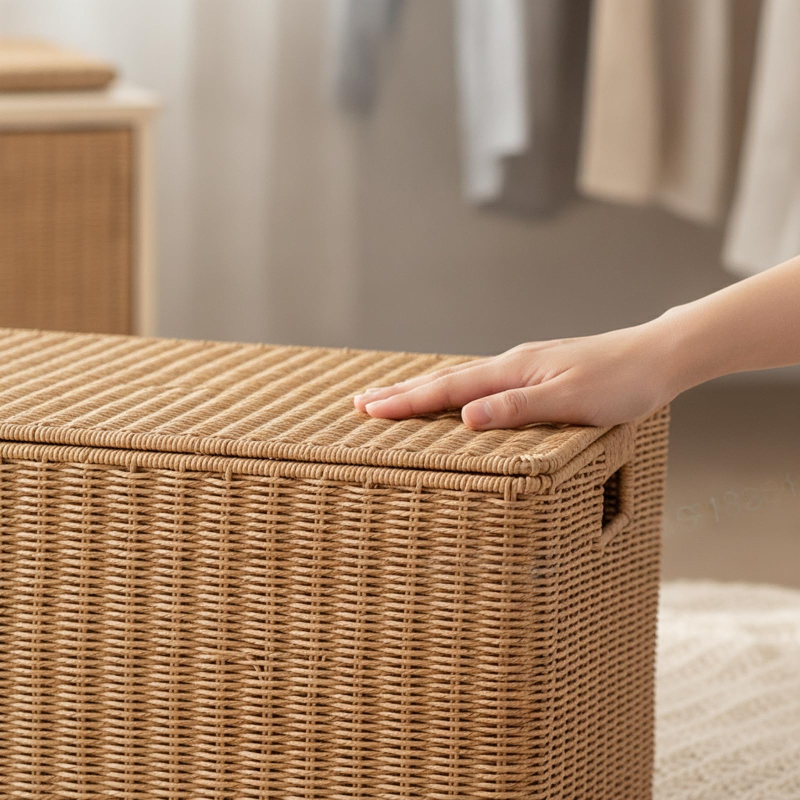 Cesto Portaoggetti con Coperchio Rettangolare Scatola in Finto Rattan Naturale Cesto in Rattan per Armadio, 50x35x31cm