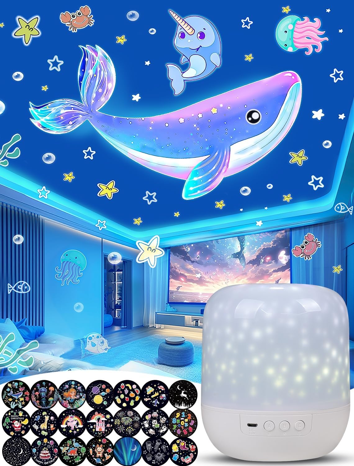 21 juegos de películas + proyector de luz nocturna para niños, proyector de luz nocturna para dormitorio, techo, proyector de galaxia con rotación