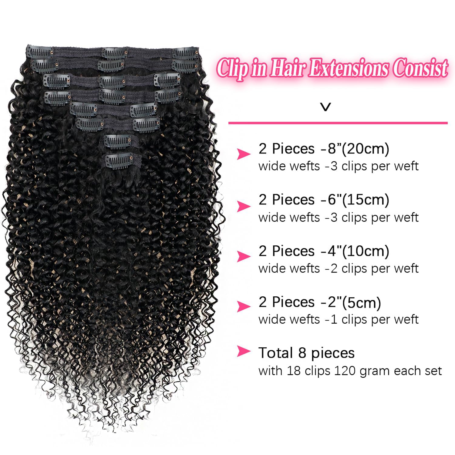 14 Inch 3c 4a Kinky Curly Clip in Hair Extensions Real Human Hair For Women Affordable Kinky Curly Clip ins Natural Color Clip in Hair Extensions 120g/pack