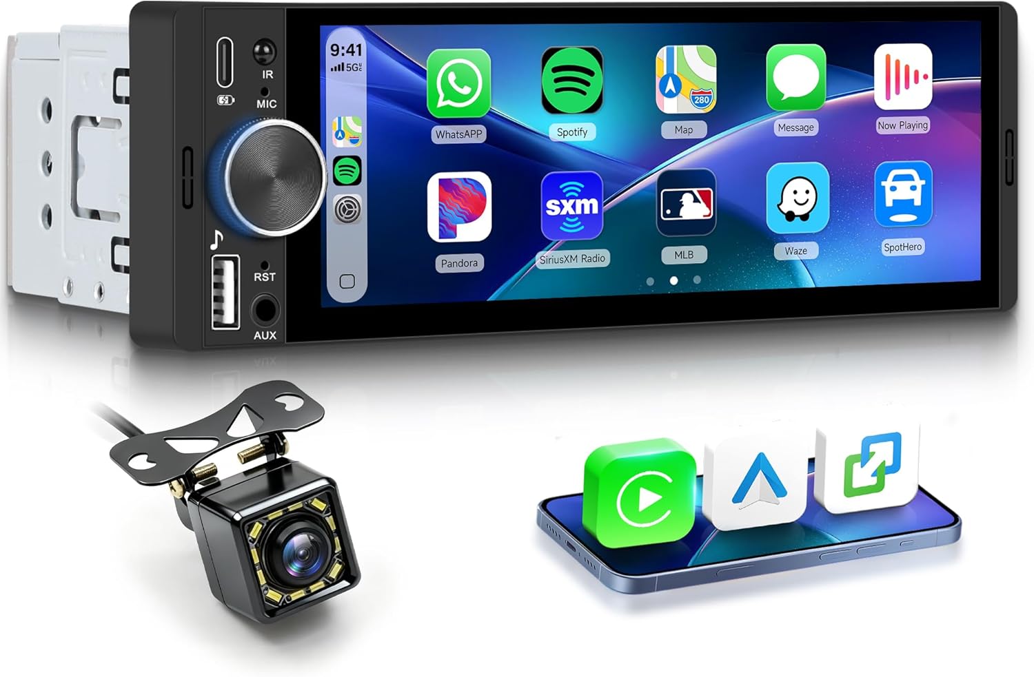 Single DIN Wireless Car Stereo with Wireless CarPlay & Android Auto, 6.28" in-Cell IPS Touchscreen, Bluetooth 5.2, Hands-Free Calling, FM Radio, Steering Wheel Control, Backup Camera Included