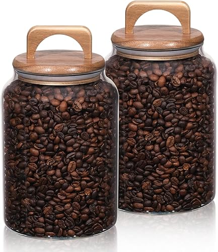 Miniatura 9 de WHJY Paquete de 2 tarros de vidrio grandes de 107 onzas con tapas de madera, contenedores de almacenamiento de harina y azúcar para despensa de