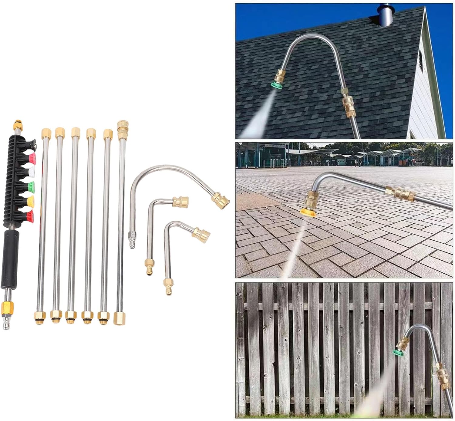 Pressure Washer Extension Wand Kit 6 Nozzle Tips 30 90 Degree Curved U-Shaped Bars