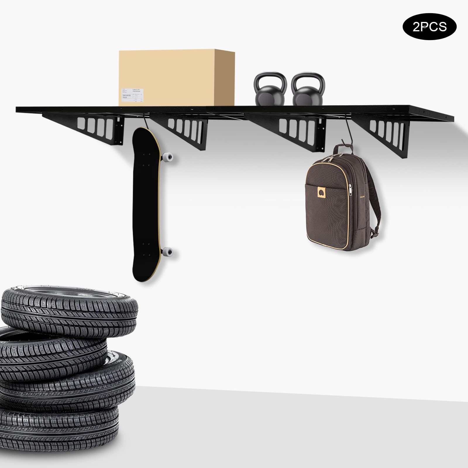 Beuioslyr Garage Wall Shelving with 4-Hooks, 2-Pack Garage Storage Rack Wall Shelf Garage Organization System, Heavy Duty Garage Storage Rack Floating Shelves, 560 lbs Weight Capacity, Black(24