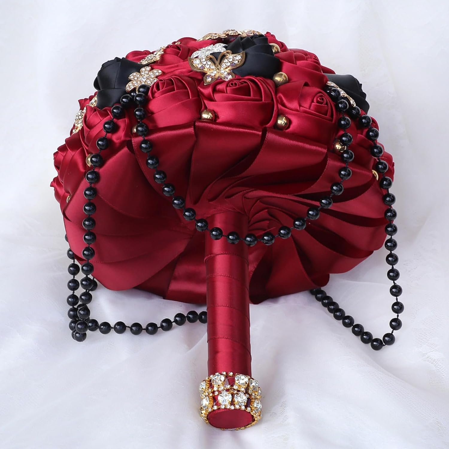 Wedding Bouquets Pearl Tassel Satin Rose Bride Bridal Bouquet Romantic Bridesmaid Holding Flower for Bride Vintage Royal Wedding Bouquet Decor (Dark Red + Black,(Dia. 7.08"/18cm))