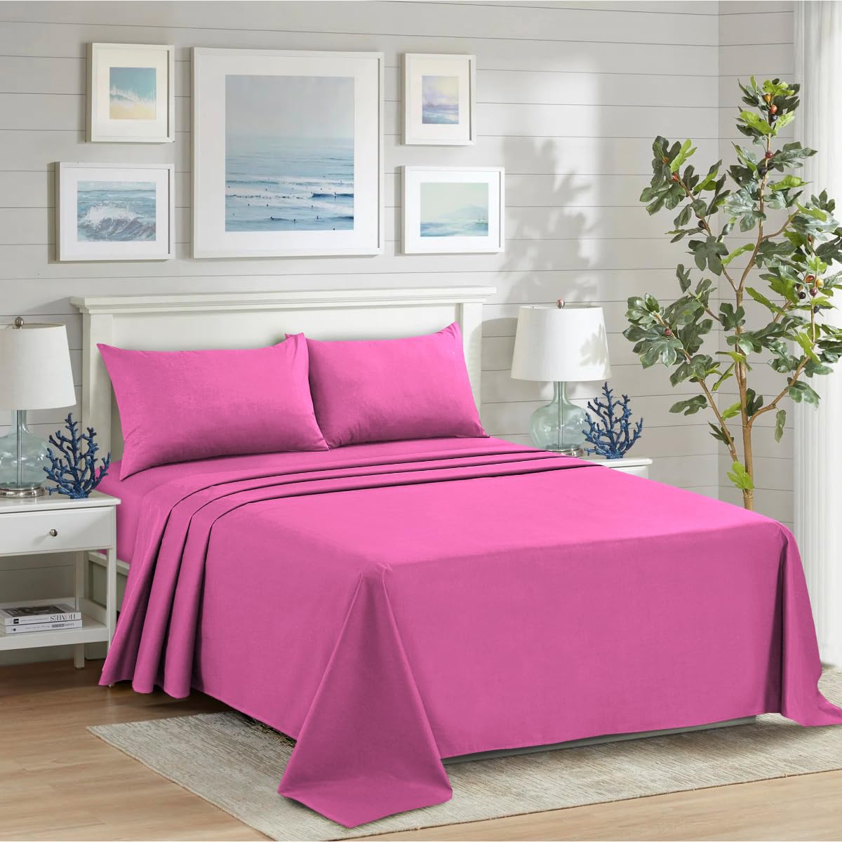 HADI LONDON Polycotton Flat Sheets for Single Double King Size Bed Softest Anti Wrinkle Non-Iron Plain Dyed Top Sheet with 200 Thread Count Ideal for Winter & Summer Bedding (Fuchsia-Pink, Double)