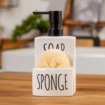 Sıvı Sabunluk ve Süngerlik Seti – Mutfak Banyo Düzenleyici, Seramik Sabunluk Pompalı, Sünger Organizer, Şık ve Pratik Lavabo Üstü Deterjanlık 17 x 9 cm Sünger Hediyeli