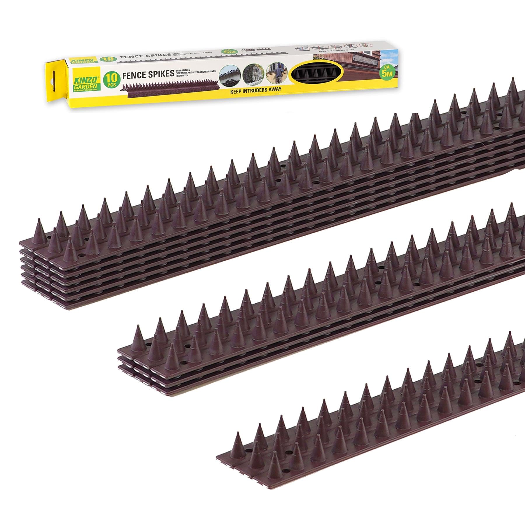 MTS Anti Climb Wall & Fence Spikes, 10 Pcs x 50cm – 5m Brown Weatherproof Plastic Bird Spikes Strips, Fence Toppers to Stop Cats & Pigeon Deterrent, Cut to Size, Easy Fit with Screws or Tape