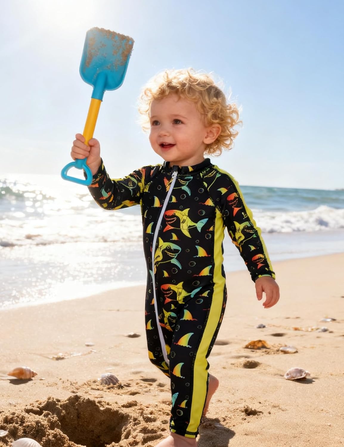 Funnycokid Baby Boy Swimsuit Zipper Infant Bathing Suits One Piece Rash Guard Swimwear with Hat - Image 2