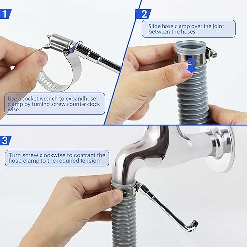 Miniatura 4 de Paquete de 22 abrazaderas de manguera de acero inoxidable ajustables de 12 a 34 pulgadas (0.512-0.748 in) con una llave de vaso para aplicaciones de