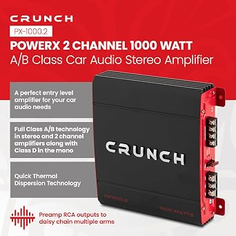 Crunch 1000 Watt Amp 2 Channel Car Audio Stereo Dual A/B Subwoofer Amplifier, PX-1000.2