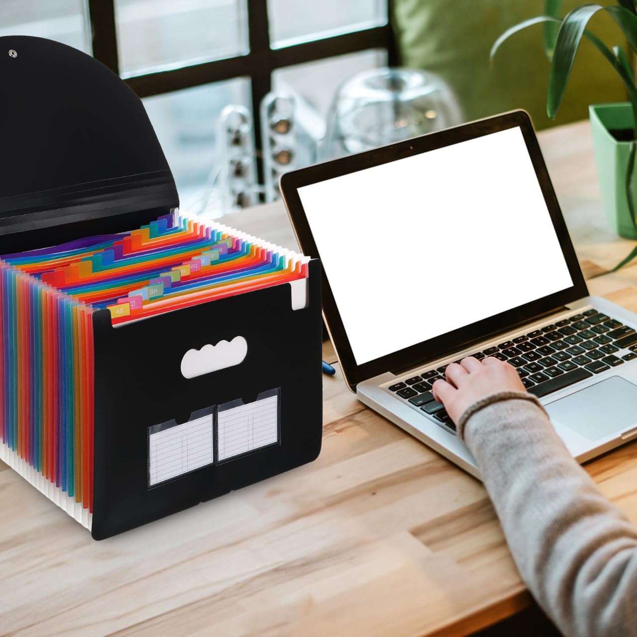 ULTECHNOVO Document Accordion Organizer with Colorful Inner Liner Tabs Portable Expanding File Folder Box for Important Documents Desk File Organizer 13X9.44X2.16 Inches