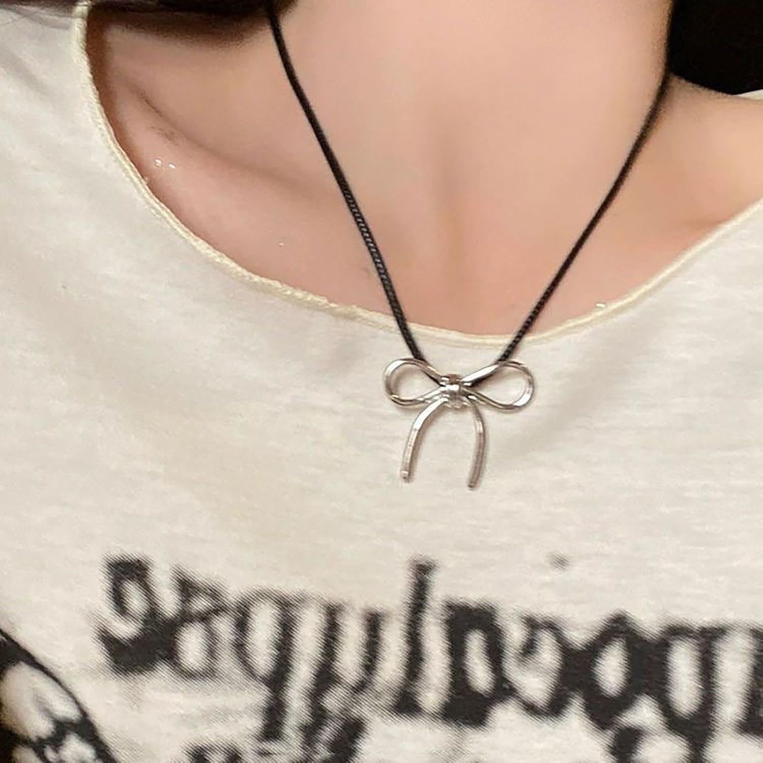 Bohemian Leather Bow Choker Necklace Silver Bow Tie Pendant Necklace Black Leather Cord Collar Necklace Metal Hollow Bow Necklace Chain Jewelry for Women Gifts - Image 2