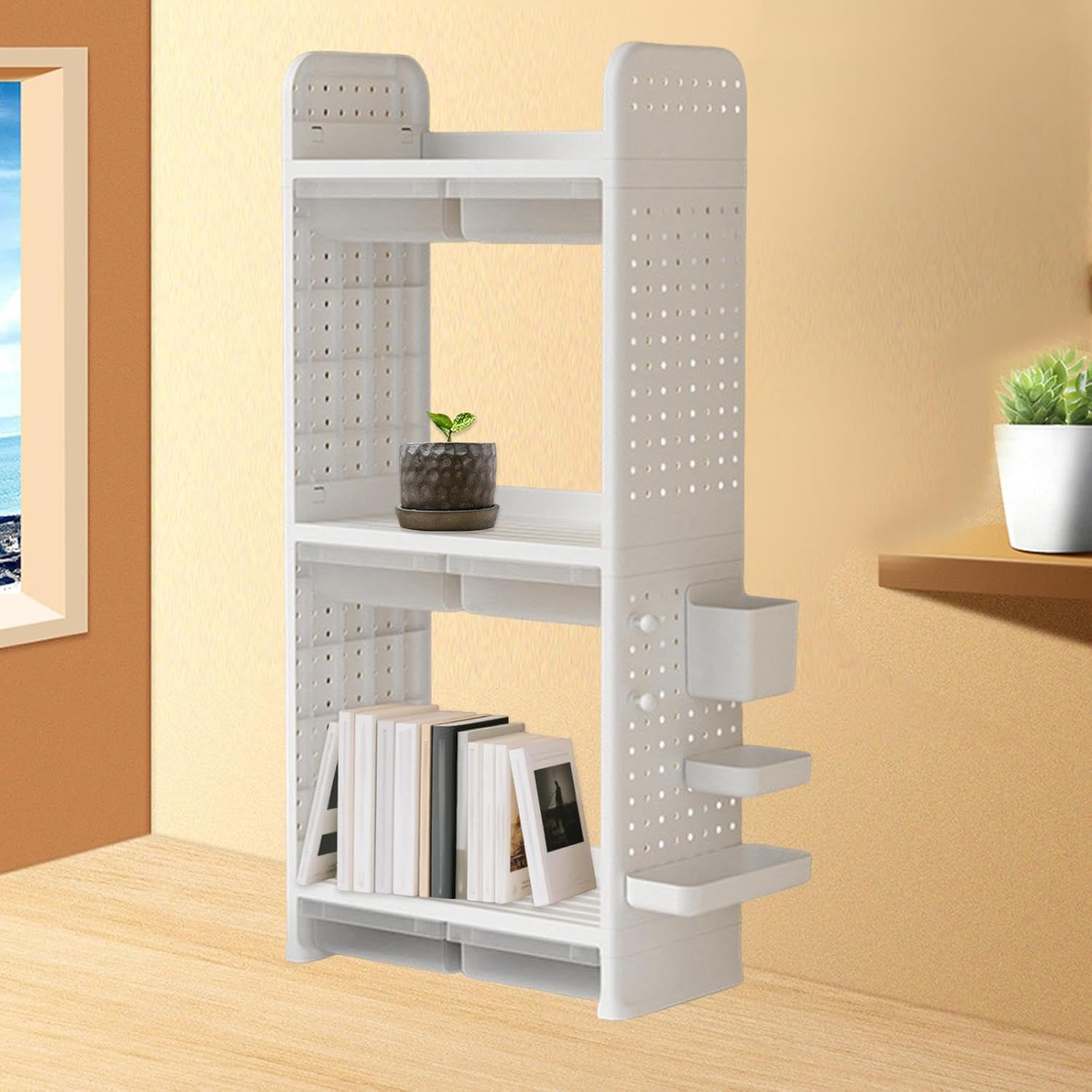 収納ラック 自立式 ディスプレイシェルフ ペグボードフック付き 本棚 オーガナイザー 寮 キッチン 寝室 化粧品用, ホワイト3層