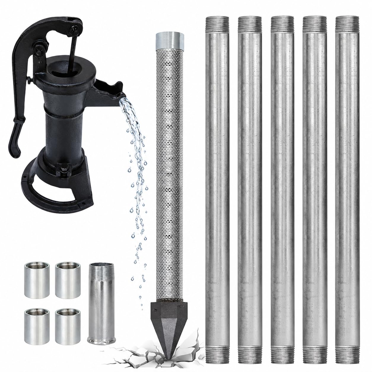 Sand Point Well Kit with Hand Pump, 39.4 in 60-Mesh Screen BlackPump