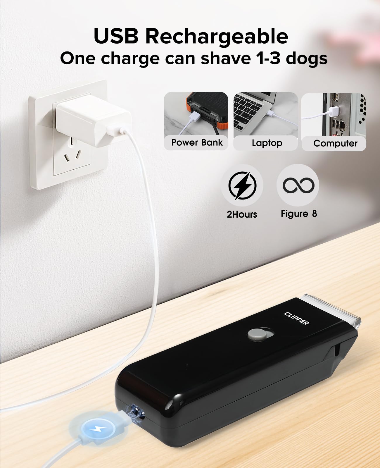 Home Professional Dog Grooming Kit Clipper Low Noise USB Rechargeable for Dog Cat Black