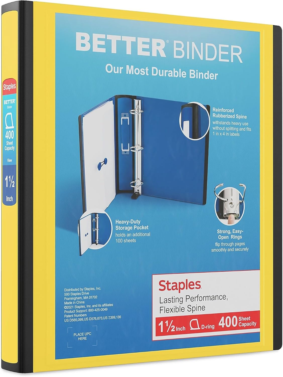 Staples Better Binder, 1.5" Heavy‑Duty D‑Ring Binder, Yellow, Reinforced Spine, Holds 400 Sheets, Durable 3‑Ring Binder for Classroom, Office & Projects, 3‑Pack
