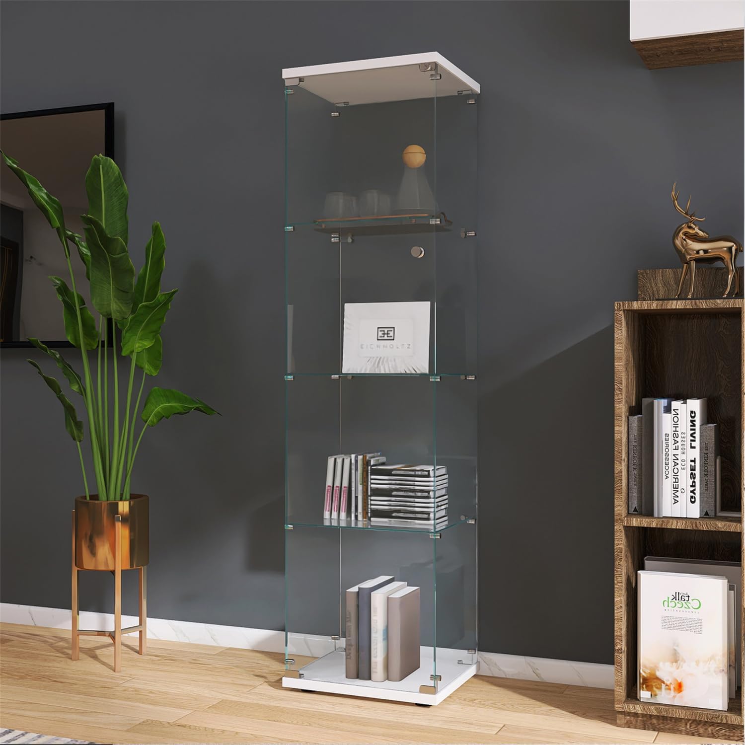 4-Shelf Glass Display Cabinet with One Door, White