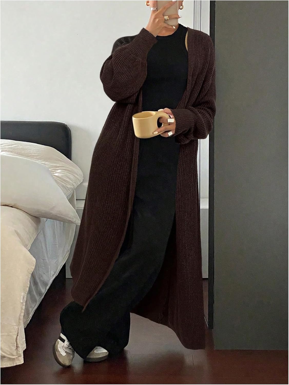 SweatyRocks Women's Open Front Long Duster Cardigan Sweater Cozy Lightweight Soft Knit Outerwear Coffee Brown Large - Image 2